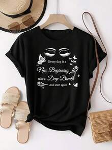 Mariposa y pestañas impresión de las mujeres con texto motivacional casual cuello redondo camiseta de manga corta - blusa para uso diario, gimnasio, oficina y fiestas - cómodo top estirable - Negro - Ver 2