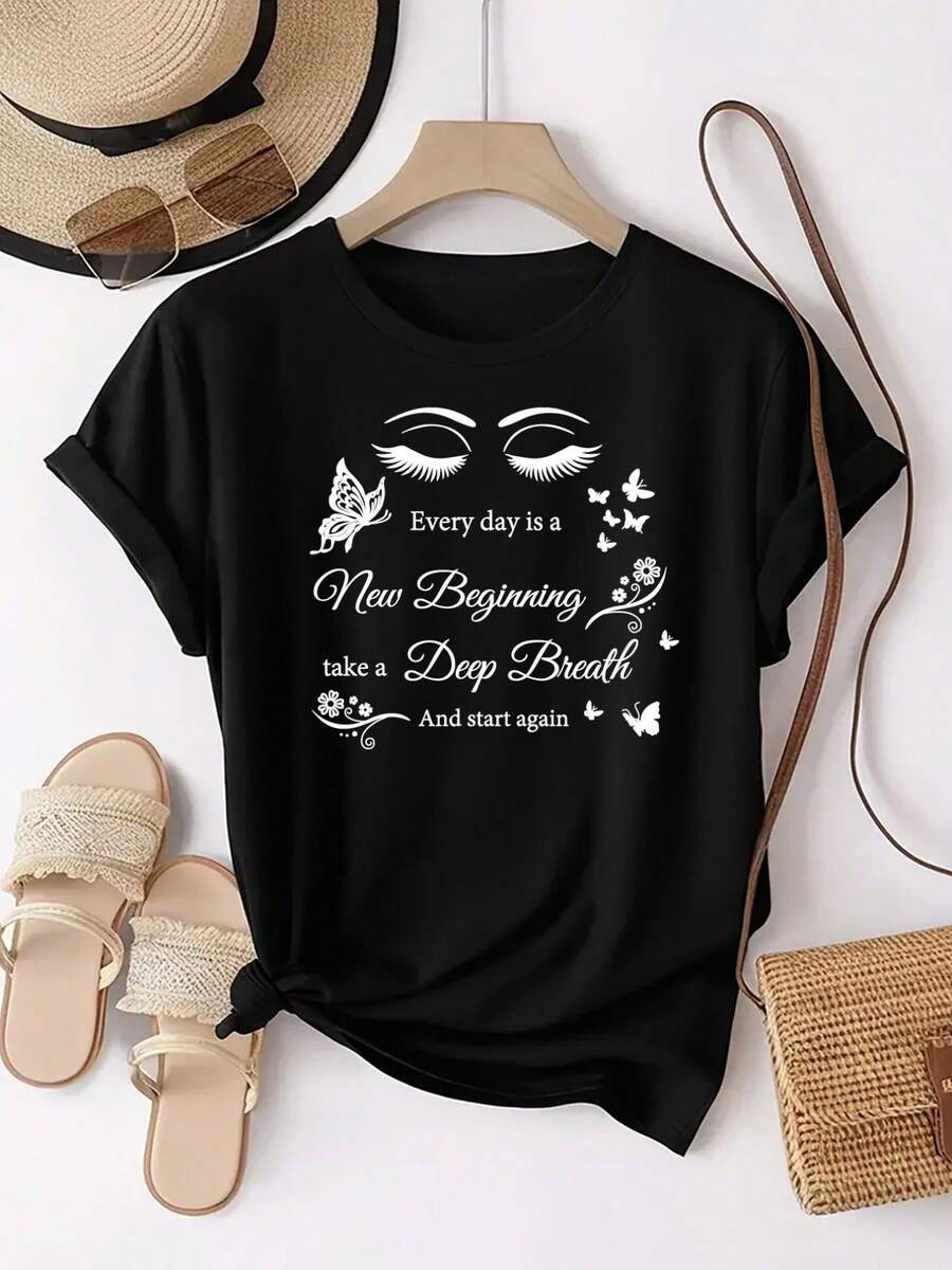 Mariposa y pestañas impresión de las mujeres con texto motivacional casual cuello redondo camiseta de manga corta - blusa para uso diario, gimnasio, oficina y fiestas - cómodo top estirable