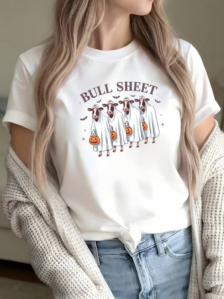 1pc mujer camiseta divertido Halloween hoja de toro impresión vacas en Shee con calabaza Bucke Ba & estrellas casual suave Clic tripulación cuello corto Sved negro y blanco confort ajuste S-2XL fiesta de Halloween otoño superior