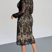 Plus Size Elegant Casual Lace Patchwork Elastic Long Sleeve Midi Dress, Suitable For Office, Resort Wear Spring Wedding Dress For Women - Negro - Ver 3