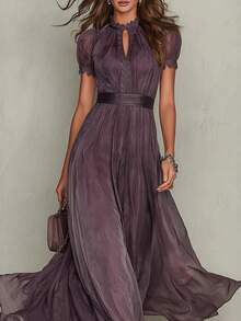 Flowy Chiffon Dress With Modern Style Lace Trim - Mauve Mist - View 1