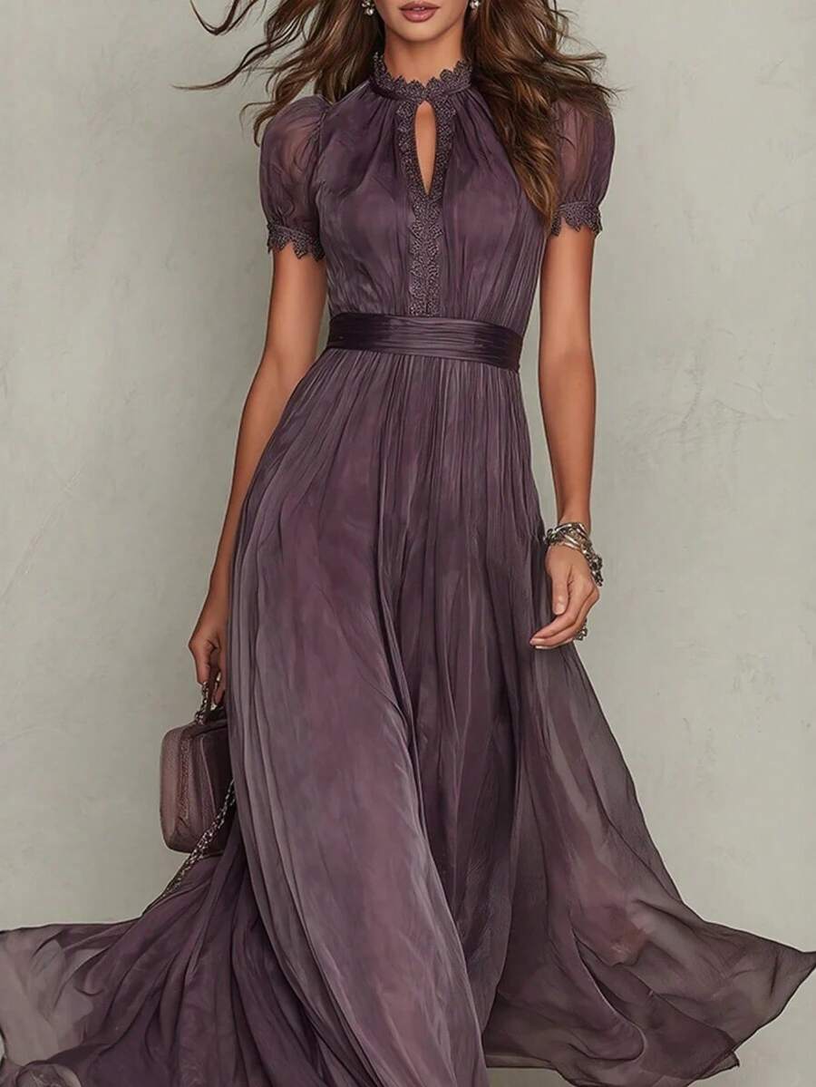 Flowy Chiffon Dress With Modern Style Lace Trim - Mauve Mist - View 1