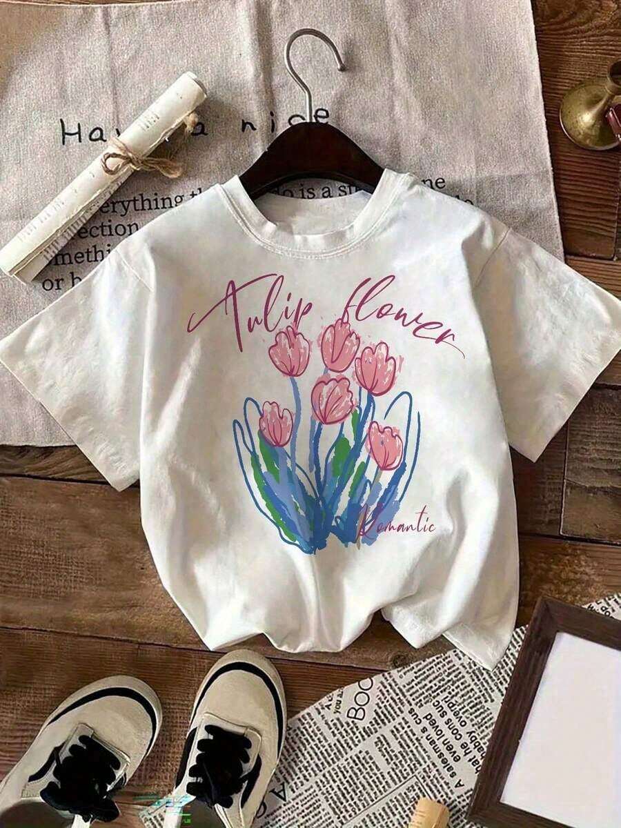 Women's Tulip Floral Print T-Shirt, Soft And Breathable, Spring Outfit. - White - View 1