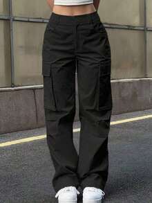 Pantalones cargo de unicolor casual y sencillo para primavera - Negro - Ver 1