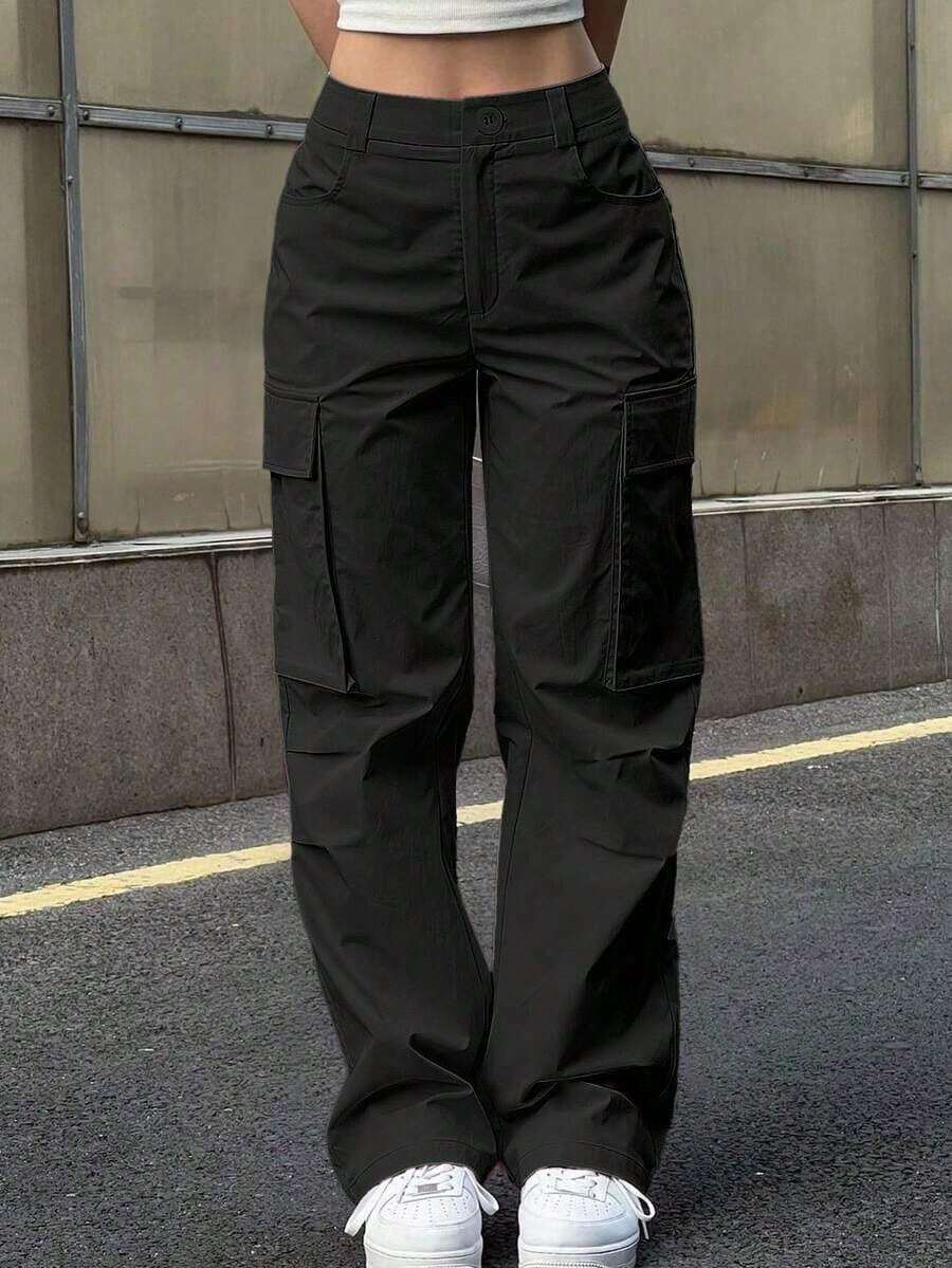Pantalones cargo de unicolor casual y sencillo para primavera - Negro - Ver 1