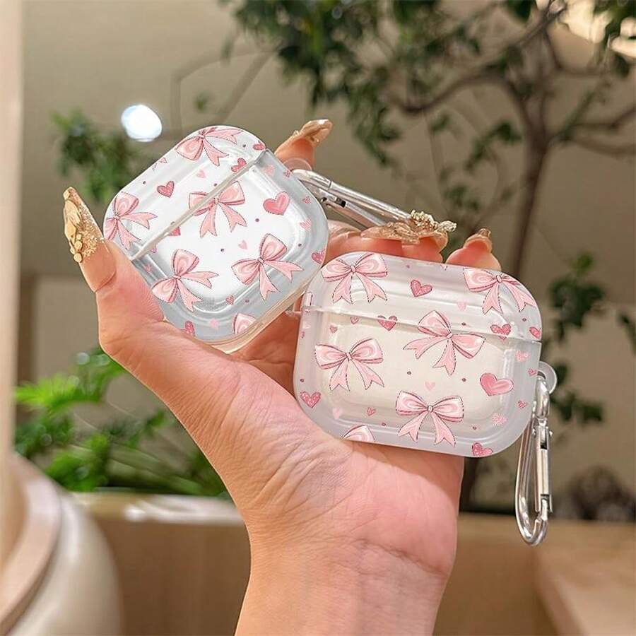 Cute Pink Bow Heart-Shaped Transparent Protective Case With Keychain, Soft Clear Protective Cover For AirPods 1 2 3 4 Pro 2 - Multicolor - View 1