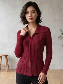 Women's Long-Sleeved Knit Coat, Winter Sweater With Zipper, Textured Knit, Modern Fashion - Rừng xanh - Xem 5