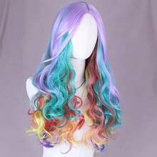 A Rainbow Gradient Long Curly Hair Cosplay Wig, With A Rose Red Gradient To Multiple Colors At The Top, Large Waves And Fluffy And Dreamy Curls, With A Fairy Tale Atmosphere. The Hair Is Smooth And Not Tangled, Making It Eye-Catching To Wear At Comic Shows, Halloween Parties, And Themed Events - 玫紅色 - 查看 3