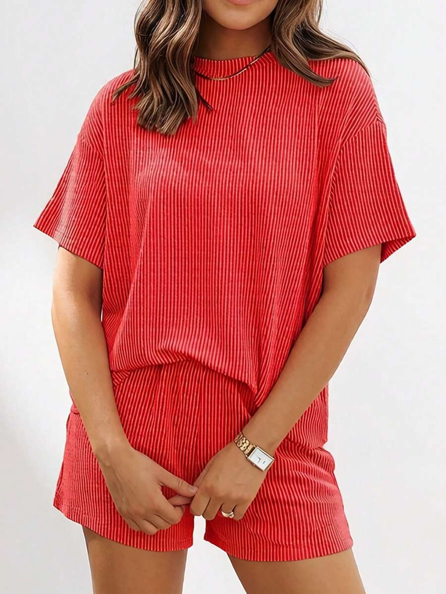 ASVIVID Women's Ribbed Crew Neck Short Sleeve Knit Loose T-Shirt And Shorts Casual Set - Orange - View 1