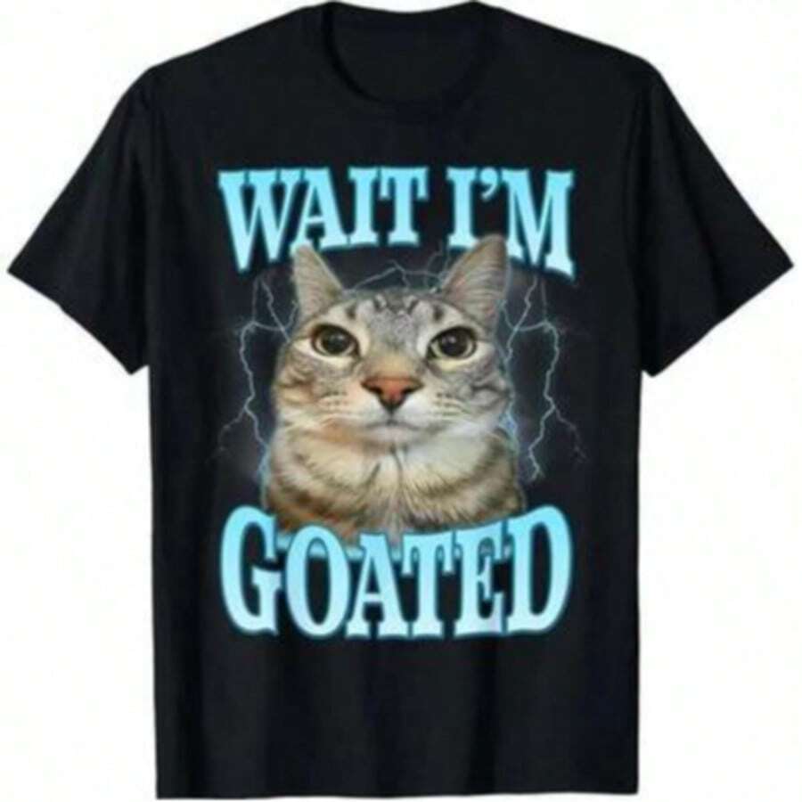 Tummy Ache Survivor Cat With Helmet Lightning Meme Graphic T-Shirt, Crew Neck Unisex Funny Sarcasm Casual Short Sleeve Tee For Cat Lover Summer Daily - 黑色5 - 查看 1