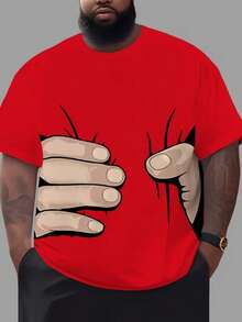 1pc Plus Size Men's Summer Casual Round Neck T-Shirt, Funny 3D Hand Print In Red, Comfortable Breathable Easy-Care, Suitable For Sports - Multicolor - View 3