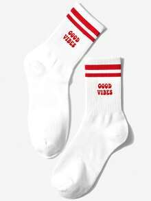 1pair Women's Fashionable Letter & Double Stripe Mid-Calf Socks Suitable For Casual Outfits - Multicolor - View 5