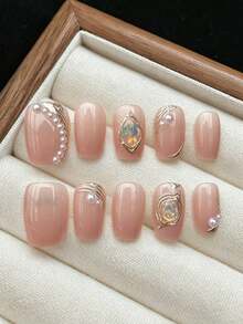 qihangxin 10片手工制作的短款粉色猫眼闪亮珍珠金箔美甲贴片，轻盈奢华，彩色水钻提亮肤色，3D立体镀金，夏季美甲，粉色系美甲，短款美甲，方形美甲，附赠工具包，适合日常佩戴和节日礼物 - 粉色 - 查看 10
