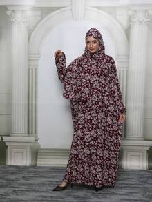 Burgundy Floral Pattern Prayer Robe, Long Lantern Sleeve, Woven Fabric, Floor-Length, Solemn And Elegant Prayer Attire Vacation - Multicolor - View 6