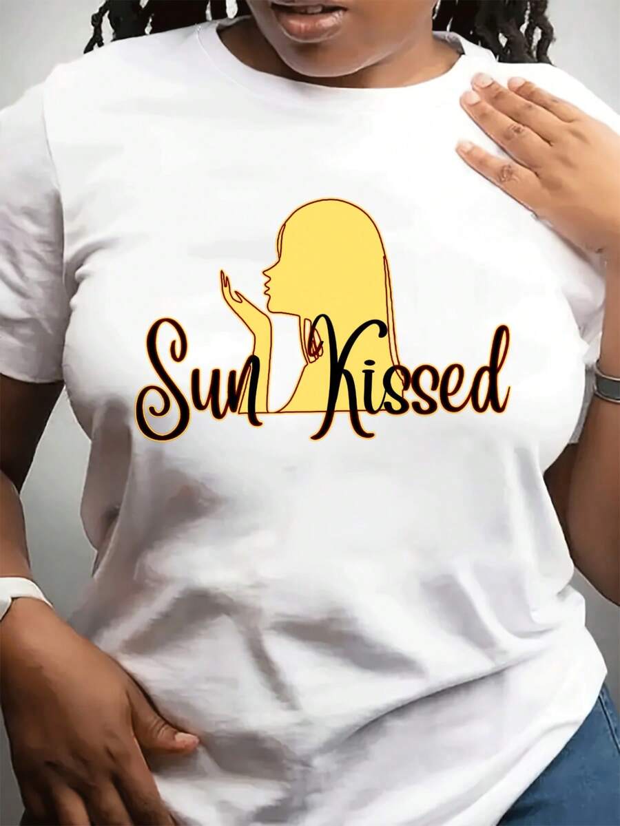 Camiseta casual de moda de cuello redondo de la mujer del día de la madre | Sved corto, tejido estirable ligero, patrón de beso del sol destacado, adecuado para Dailpor y dar a amigos y familia