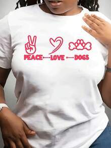 Women's Fashionable Casual Crew Neck T-Shirt For Valentine's Day | Cute Pet Theme With Heart-Shaped Dog Paw Pattern, Crew Neck, Short Sleeve, Lightweight Stretch Fabric, All Season - 白色 - 查看 1
