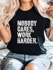 This Is a Motivational Slogan T-Shirt for Women That Features a Black Distressed Letter Print. It Has a Medium Stretch, Round Neck, And Short Sleeves, Making It Suitable for Spring And Summer. The Shirt Is Machine Washable And Made from Non-Transpar - Negro - Ver 2