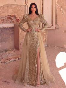 Women's Elegant Sequin Long Sleeve Split Dress With Flowing Chiffon Train, Suitable For Balls, Birthday Parties, Formal Dinners As Luxury Evening Gown, Summer Vacation Outfit Party - Champagne - View 3