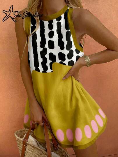 Women's Casual Vacation Style Ocean Theme Colorful Fish & Letter Print Sleeveless Slip Dress, Spring/Summer Elegant