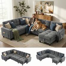 PERLECARE 85'' - 110" Sectional Sleeper Sofa With Pull Out Bed, 7 Seat Modular Sectional Sofa With Storage,  Cup Holders, Sectional Couches For Living Room, Modern Chenille Cloud Couch, Dark Gray - 淺灰色 - 查看 1