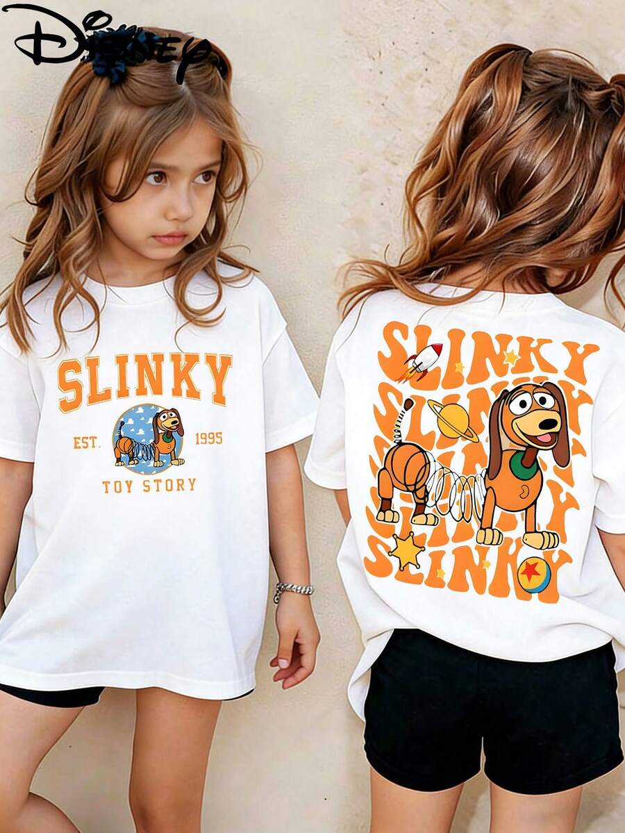 Disney Toy Story Slinky Dog Double-Sided Print Kids' T-Shirt, Cute Cartoon Casual Tee, Perfect For Daily Wear, School Activities, Family Outings And Weekend Trips, Shipped From Local Warehouse - trắng - Xem 1