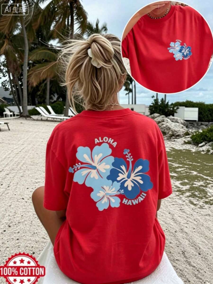 [Summer Beach Tee] High Stretch Women's Plus Size Casual Loose Fit Round Neck Short Sleeve T-Shirt |  "FEELING SALTY" Surf Skeleton Graphic Print 2026 - 紅色 - 查看 1