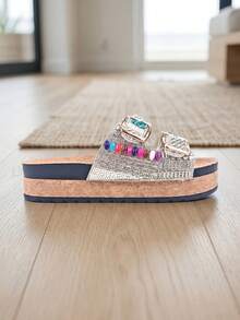 roulvxiang Giày sandal đế xuồng đính kim sa hình thoi kiểu dáng thường ngày dành cho nữ, thích hợp mang ở nhà, đi nghỉ mát và hoạt động ngoài trời. - trắng - Xem 2
