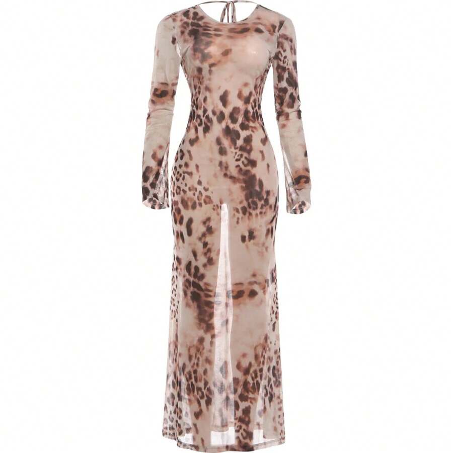 Vestido largo transparente sexy Kliou para mujer, estampado de leopardo, cuello redondo, manga larga, espalda descubierta con tiras cruzadas, estilo urbano y atrevido. - Caqui - Ver 1