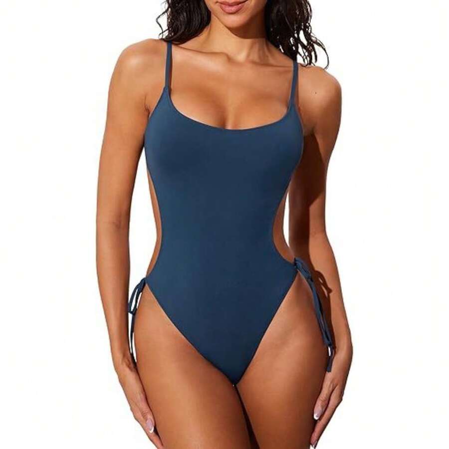 Women's Side Cutout Lace-Up One Piece Swimsuit, Scoop Neck Spaghetti Strap Monokini With Tie Side, High Cut Cheeky Bathing Suit, Tummy Control Swimwear For Summer Beach & Pool - 藏青色2683-2 - 查看 1