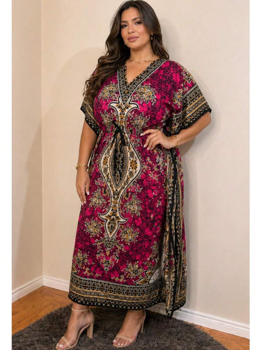 Long Kaftan Dress With Vibrant Colors And Print - Fashion - 玫紅色 - 查看 1