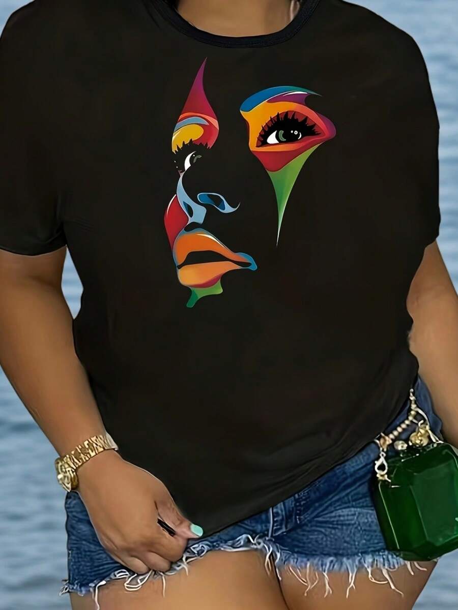 Talla Grande - Talla Grande - Camiseta de Mujer Estampada Abstracta de Gran Talla