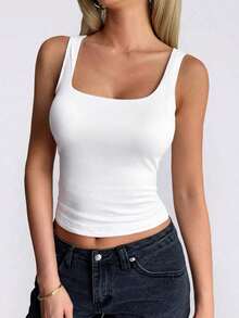 White & Black Basic Ribbed Tank Top Ladies Sleeveless U-Neck Slim Fit Comfortable Daily Wear - White - View 4