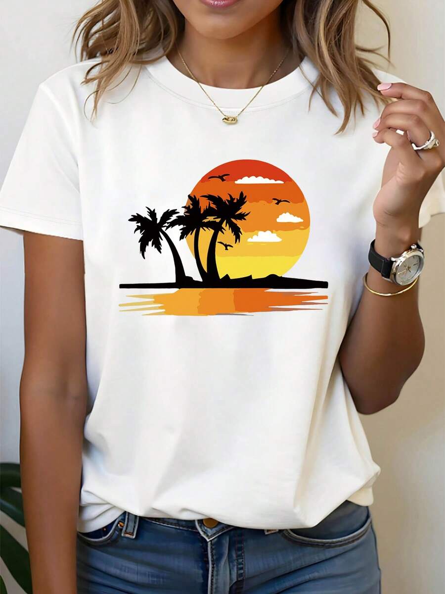 Camiseta de impresión gráfica Sunset Palms, corto cuello Sve tripulación top casual para verano y primavera, ropa de mujer