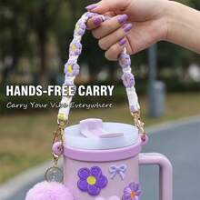 1pc Floral Water Bottle Handle Strap, Adjustable Universal Cup Holder, Cup Accessory, Water Bottle Lanyard, Water Bottle Decoration, Suitable For 20 To 40 Oz Sports Cups, Suitable For Fitness, Camping And Outdoor Activities - Flower Handle - View 6