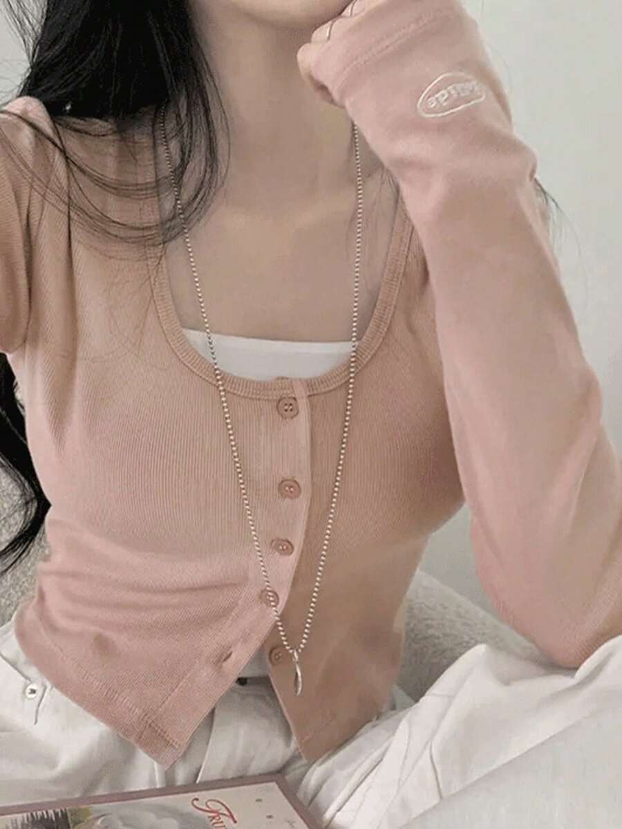 YCYC 韓式純色修身百搭長袖女款開襟衫 粉色 - 粉色 - 查看 1