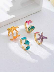 4-Piece/Set Fashionable Dopamine Style Starfish Shell Ocean Metal Ring, Suitable For Children's Vacation Wear, Multifunctional And Elegant - Multicolor - View 3