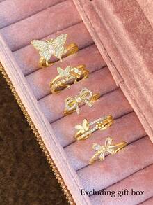 Set de 5 anillos ajustables con diseño de mariposa elegante y de lujo con circonita cúbica, adecuado para uso casual, de fiesta y vacaciones (sin caja de regalo) - Amarillo Oro - Ver 3