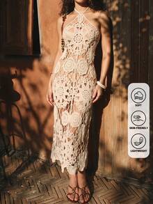 Đầm hai dây móc kiểu Bohemian, đầm dài ren rỗng cho kỳ nghỉ biển, trang phục đi biển phong cách Bohemian phù hợp cho tiệc bãi biển. - Màu be - Xem 3