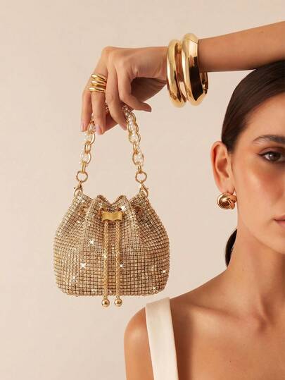 Glamine 2025新款亮片水钻迷你链条抽绳晚宴包，奢华闪亮手拿包，水钻珍珠手提包，优雅链条单肩包，适合婚礼新娘、晚宴、派对等场合，是派对女孩的理想之选。