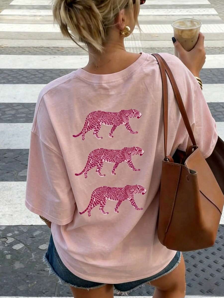 Sommar Ny Avslappnad Chic Rosa Leopardtryck Rund Hals Kortärmad T-shirt, Modern Mångsidig Blus För Damer - Babyrosa - Visa 1