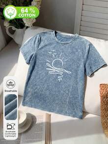 Áo thun nữ cỡ lớn đi nghỉ mát, 64% cotton, họa tiết vui nhộn, ánh nắng mặt trời, đại dương, cổ tròn, tay ngắn, phong cách tối giản, áo thun mùa hè cho nữ, chất liệu 64% cotton, dễ thương và đơn giản, cổ tròn, tay ngắn, phong cách boho, áo thun mùa hè màu xanh nhạt cho nữ. Phong cách thường ngày. - Màu xanh lam - Xem 4