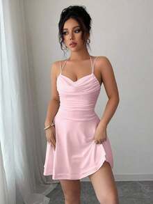 Vestido rosa color sexy con espalda descubierta y sin mangas, con pliegues, ideal para cumpleaños, conciertos, citas nocturnas, verano, fiestas de piscina y graduación - Rosa Pálido - Ver 4