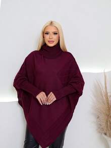 MONNEI Knitted Poncho With High Neck And Asymmetrical Batwing Sleeves, French Style - Redwood - View 3