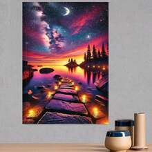 Pintura en lienzo 2D plana, 2D plana, una pintura 2D plana de 1 pieza que presenta un cielo estrellado y un camino de piedra iluminado por luces cálidas, perfecta para decorar un lago de ensueño. Disponible en varios s: 12X18, 16X24, 24X36 pulgadas - Enmarcado - Ver 3