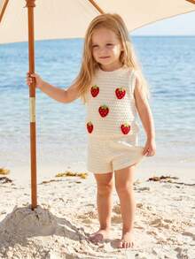 Conjunto de Pantalones Cortos para Bebé Niña Pequeña con Aplicaciones de Fresa/Cereza/Flor, Camisetas sin Mangas y Pantalones Cortos, Conjunto de Verano de 2 Piezas de Tejido Waffle - Albaricoque - Ver 7