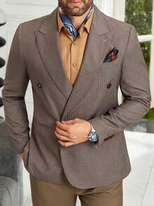 1 pieza Blazer de negocios de corte slim con rayas diplomáticas gris-marrón y doble botonadura para hombres, adecuado para oficina y ocasiones de boda - Café integral - Ver 8