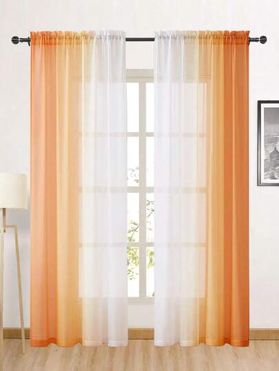 1pc/2pcs Ombre Color Curtain, Gradient Color, Rod Pocket Design Semi-Sheer Curtain, Breathable Filtering Sunlight Sheer Curtain, Faux Linen Material Dual-Tone Ombre Curtain, For Living Room, Bedroom, Study, Kitchen Decor, Orange Curtain