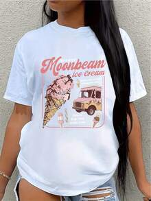 Women's 1pc Ice Cream Cone Print T-Shirt - Soft Stretch Summer Top With Cute Ice Cream And Cone Design, Round Neck Crop Top, Casual Loose Fit Washable Dress For Daily Wear And Parties - 白色 - 查看 1