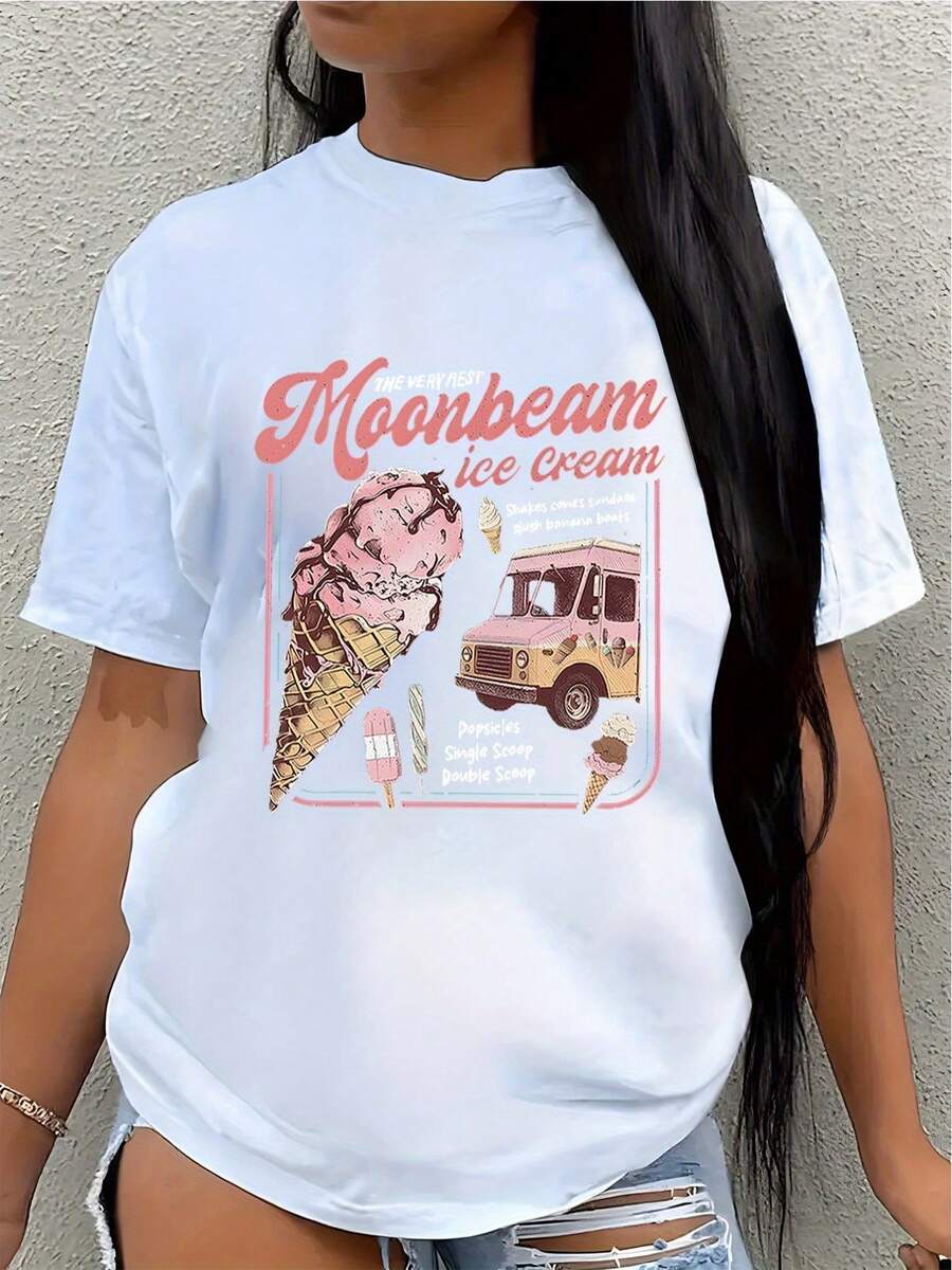 Women's 1pc Ice Cream Cone Print T-Shirt - Soft Stretch Summer Top With Cute Ice Cream And Cone Design, Round Neck Crop Top, Casual Loose Fit Washable Dress For Daily Wear And Parties - 白色 - 查看 1