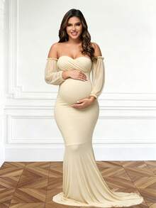 JustVH Đầm maxi bầu cổ chữ V trễ vai dáng đuôi cá, tay phồng bằng vải lưới, thích hợp cho chụp ảnh và tiệc mừng em bé. - Màu be - Xem 1